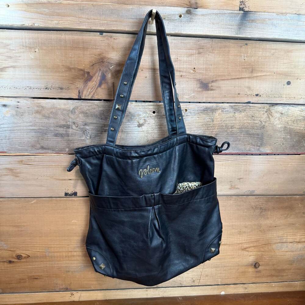 Volcom Egbert Black Faux Leather Studded Tote Bag with Leopard Print Lining